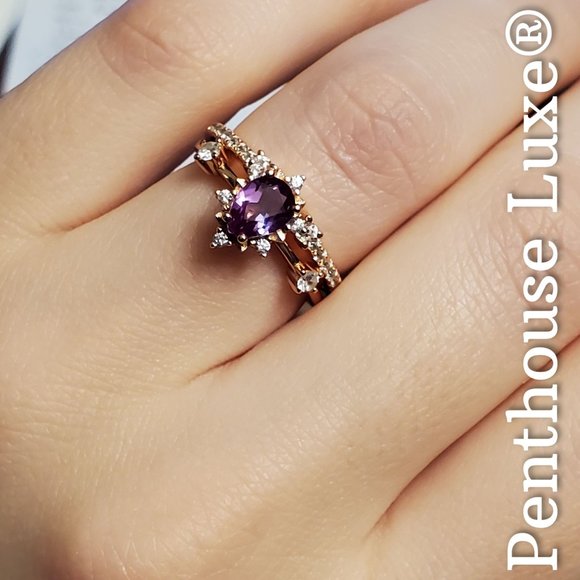 REAL Alexandrite Pear Cut 18k Rose Gold 925 Silver Ring Set - Picture 4 of 5